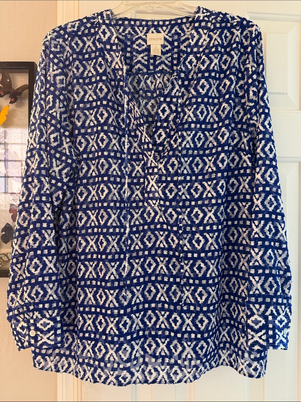 Chico's Geometric Ikat Print Semi-sheer V-Neck Top - Size 2/L